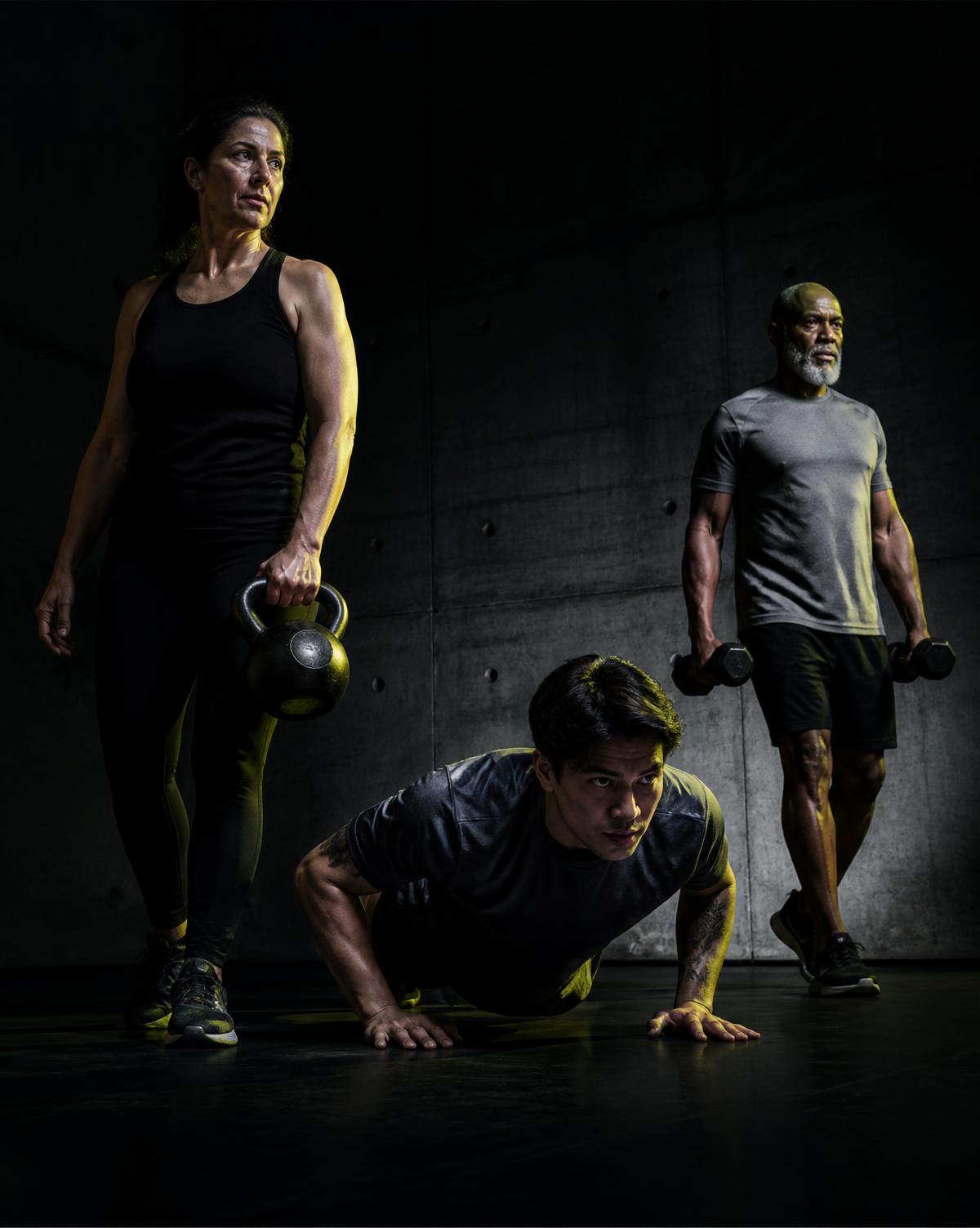 Three people of different ages and body types training with a kettlebell, a push-up and dumbbells in a concrete gym